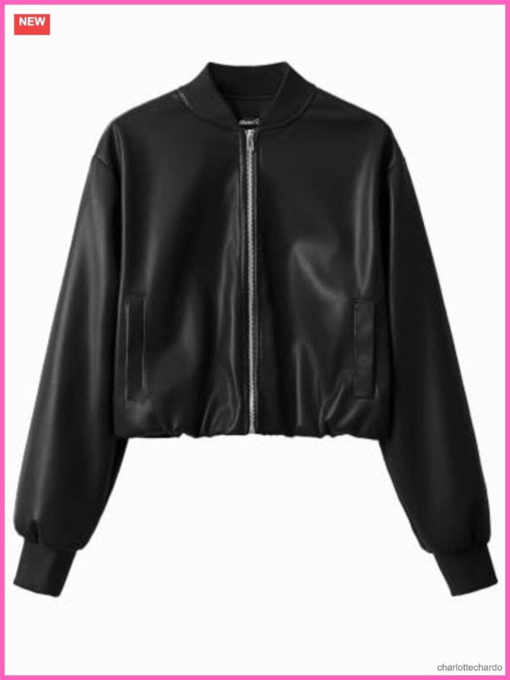 Cropped Faux Leather Zip Up Baseball Jacket Ribbed Trim
